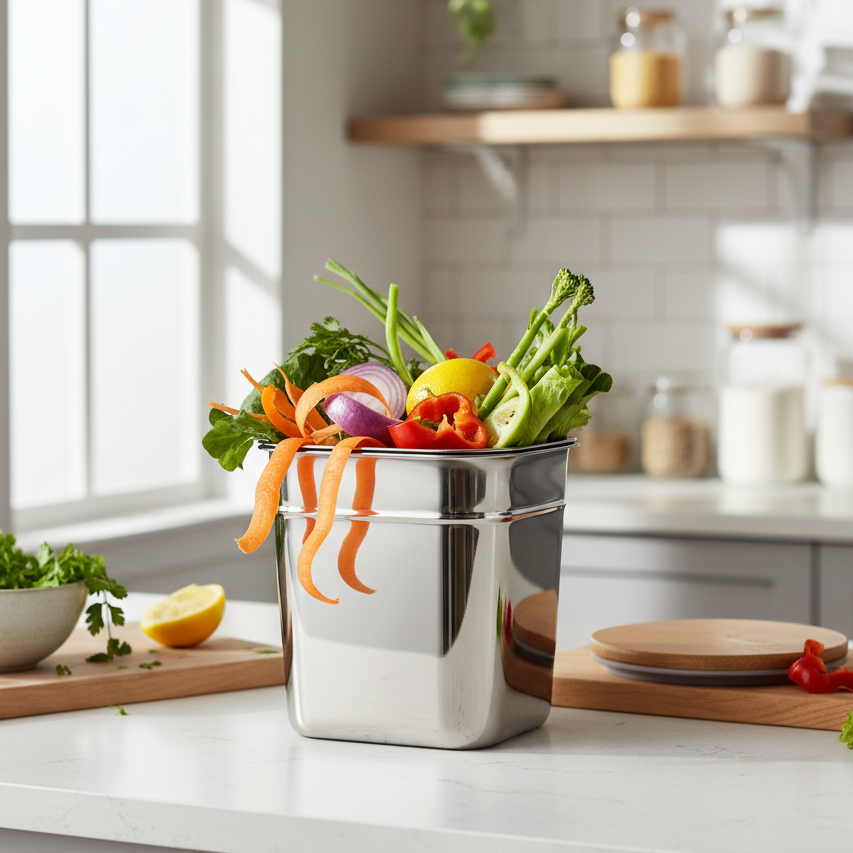 A compost bin with various vegetable scraps.