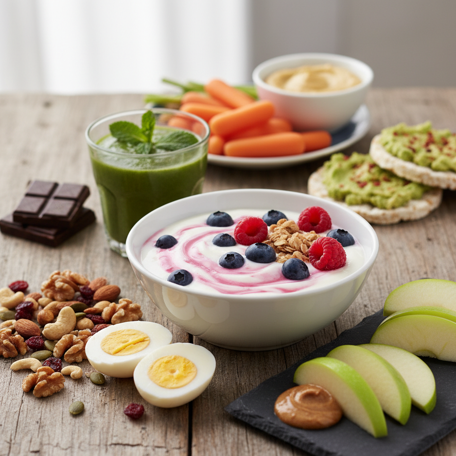 A collection of healthy snacks including nuts, fruits, and yogurt.
