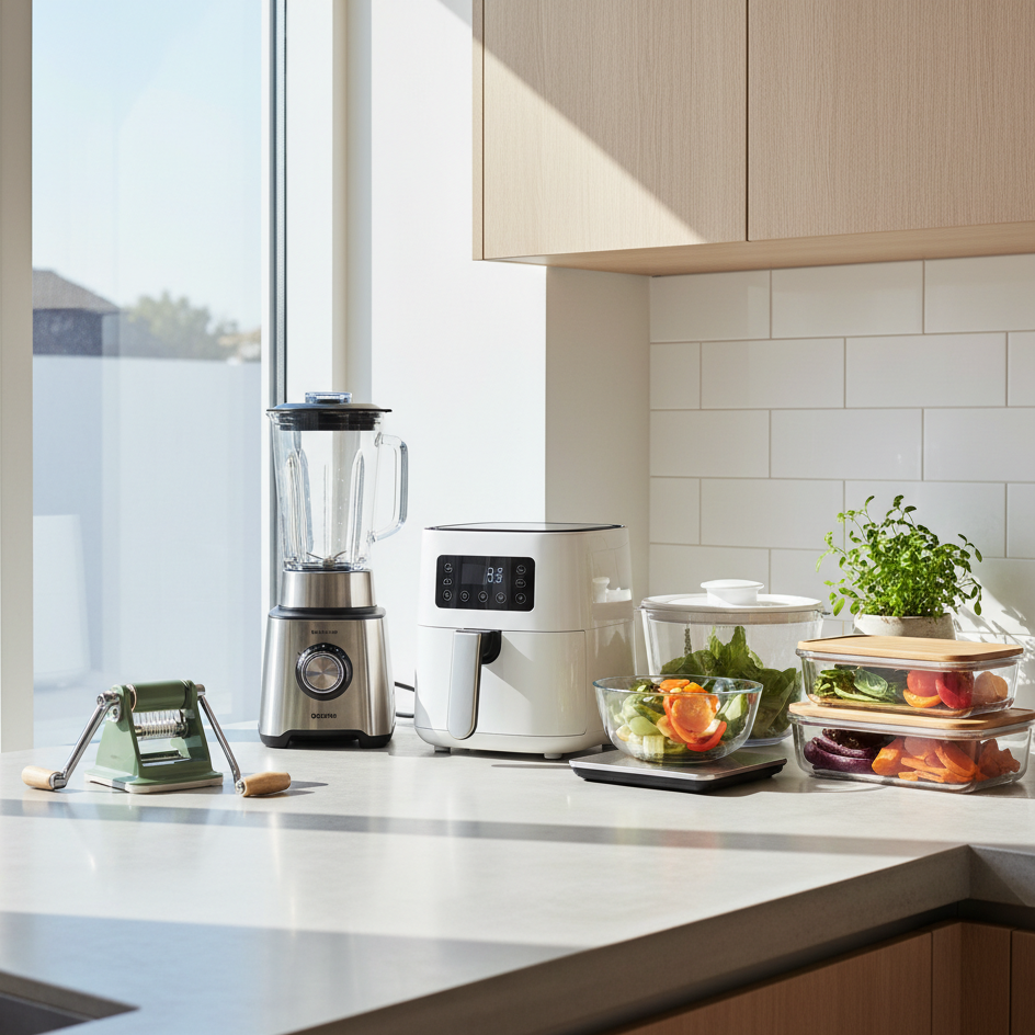 A collection of modern kitchen gadgets on a counter.