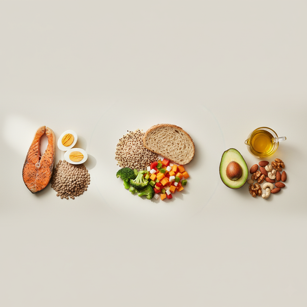 A plate of salmon, quinoa, and vegetables representing a balanced meal.