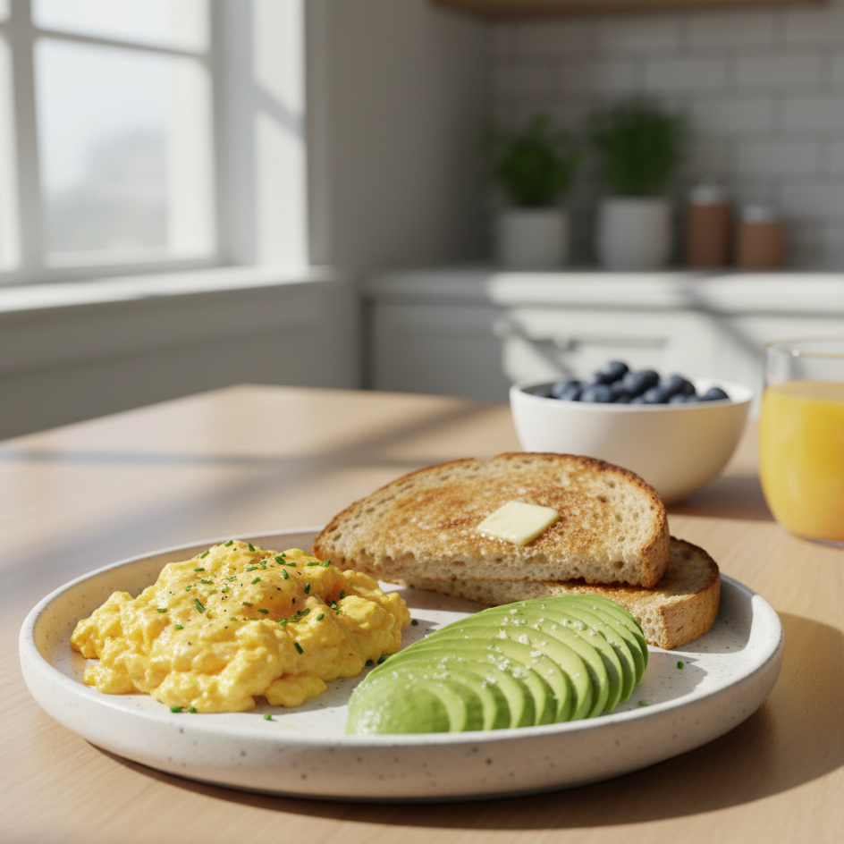 A healthy breakfast plate with eggs, avocado, and whole-wheat toast.